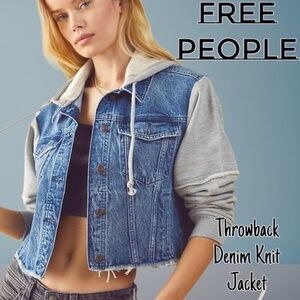 NWT FREE PEOPLE Throwback DENIM & KNIT Raw Hem Relaxed Cropped Hooded Jacket